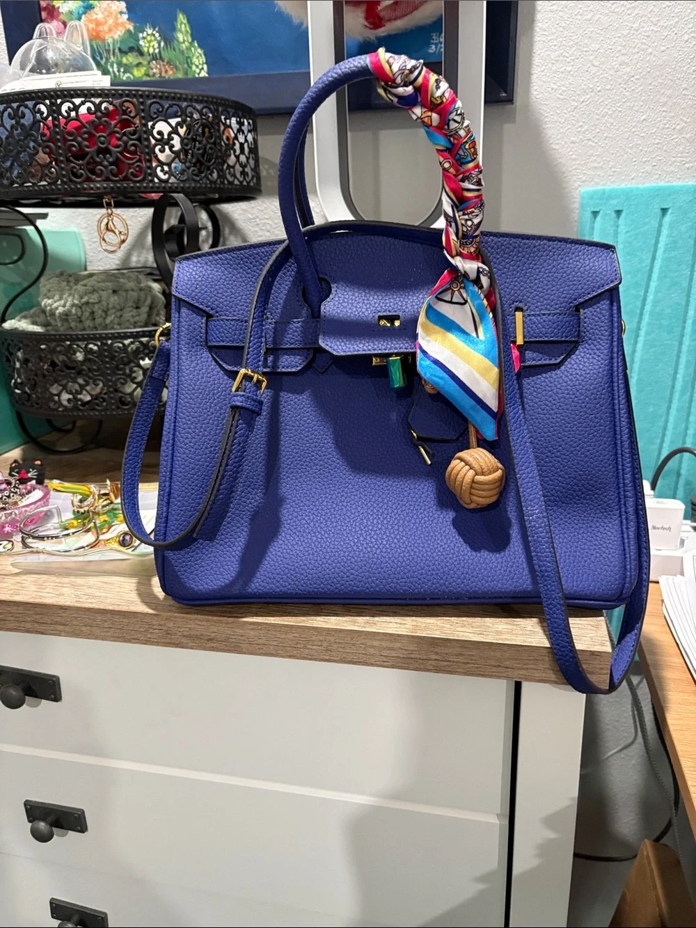 Royal Blue Structured Leather Satchel with Scarf Accent 30 cm size